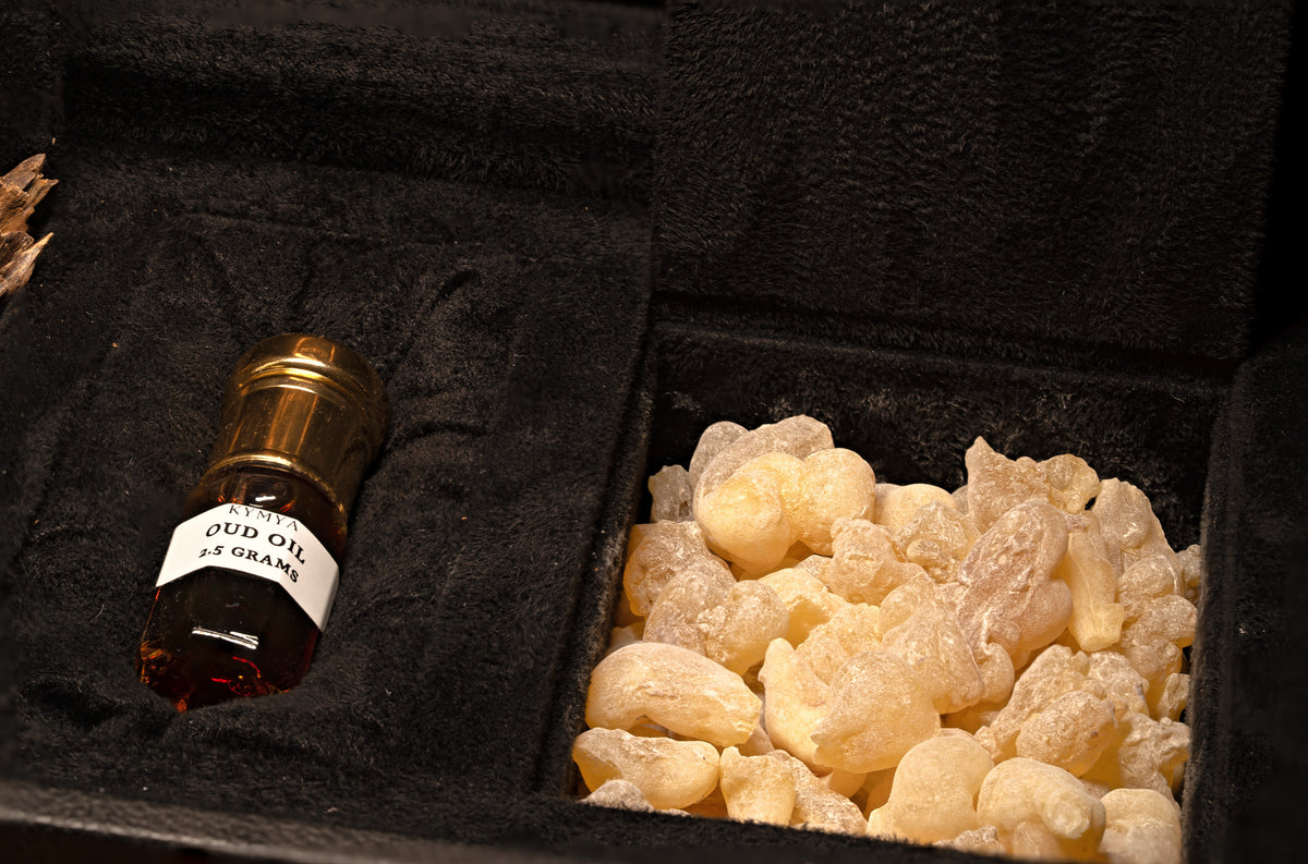 Hojari green frankincense beside KYMYA oud oil in the Majlis Set