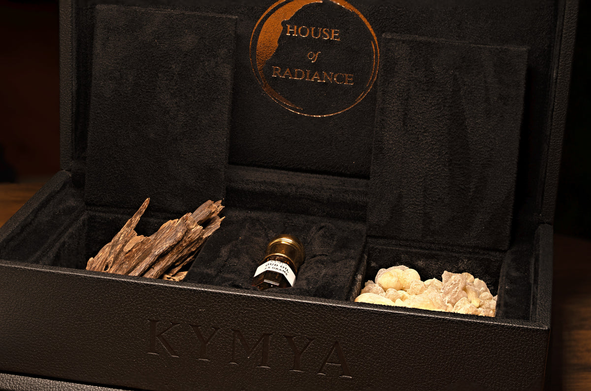 KYMYA Majlis Set open, with Hindi oud wood, Koh Kong oud oil and Hojari frankincense